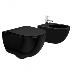 SET Vas WC PRO CARLO Mini Rimless, Suspendat, Ceramica Sanitara, 49 X 37 X 35.5 cm, Capac Soft-Close Inclus, Negru Lucios